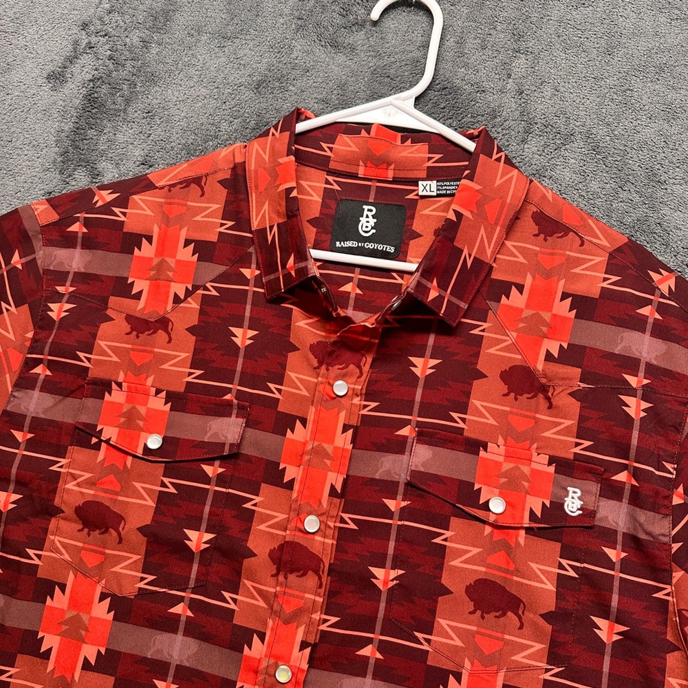 Raised By Coyotes Western Shirt Mens XL Red Aztec Buffalo Pearl Snap Cowboy